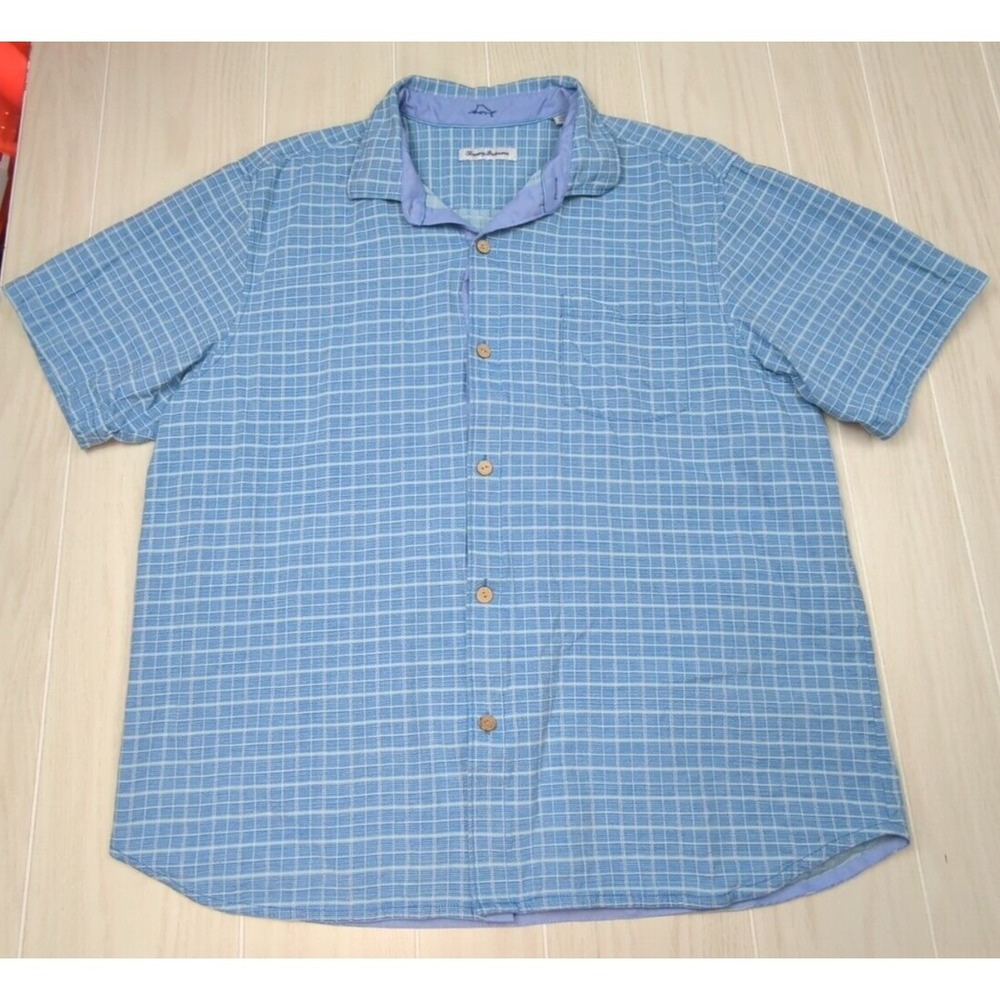 Tommy Bahama men's XXL blue plaid squares silk button front shirt